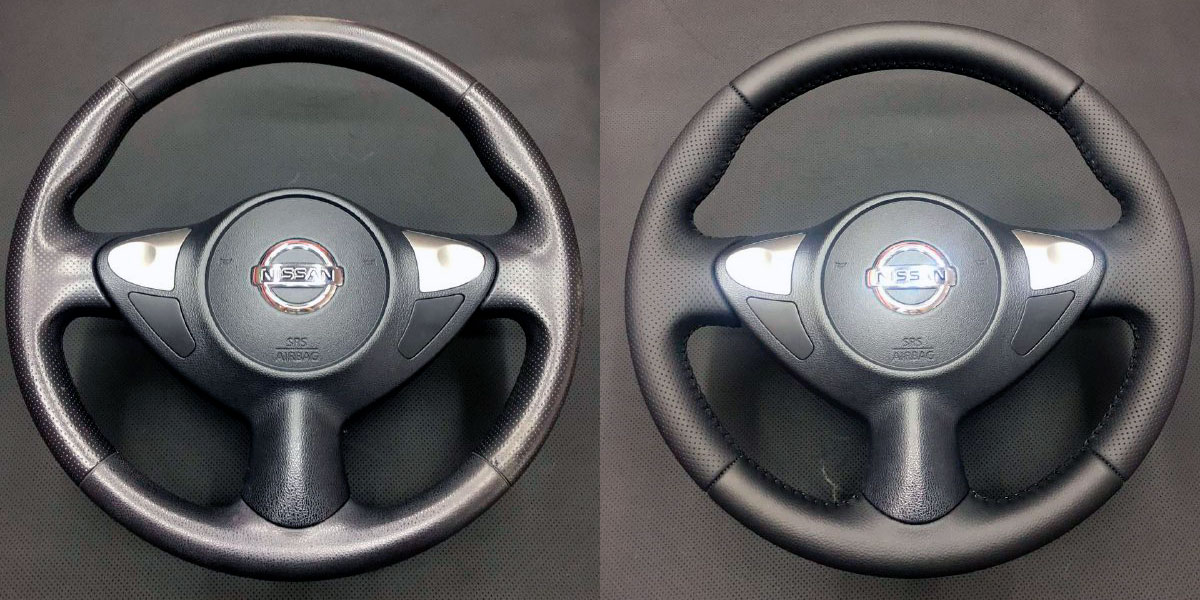 Перетяжка руля Nissan Juke в натуральную кожу фото